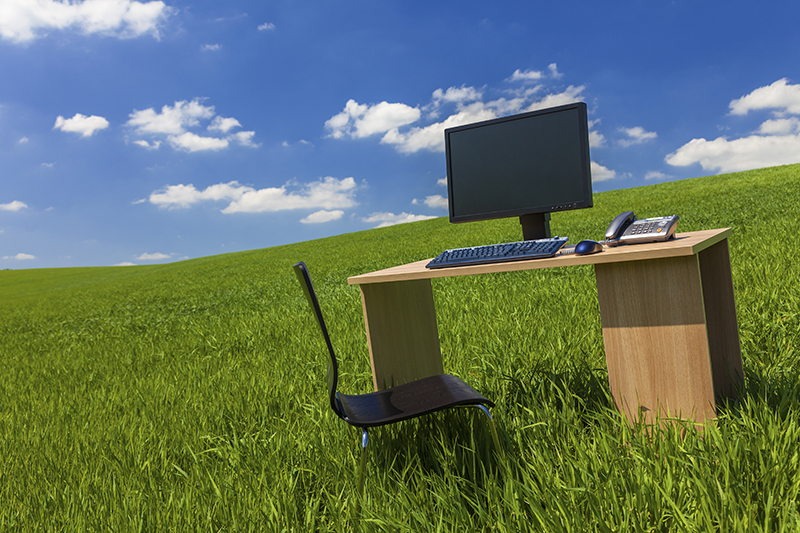 office desk in a meadow.