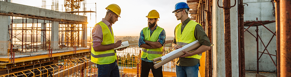 Trois entrepreneurs regardent les plans d’un chantier de construction.